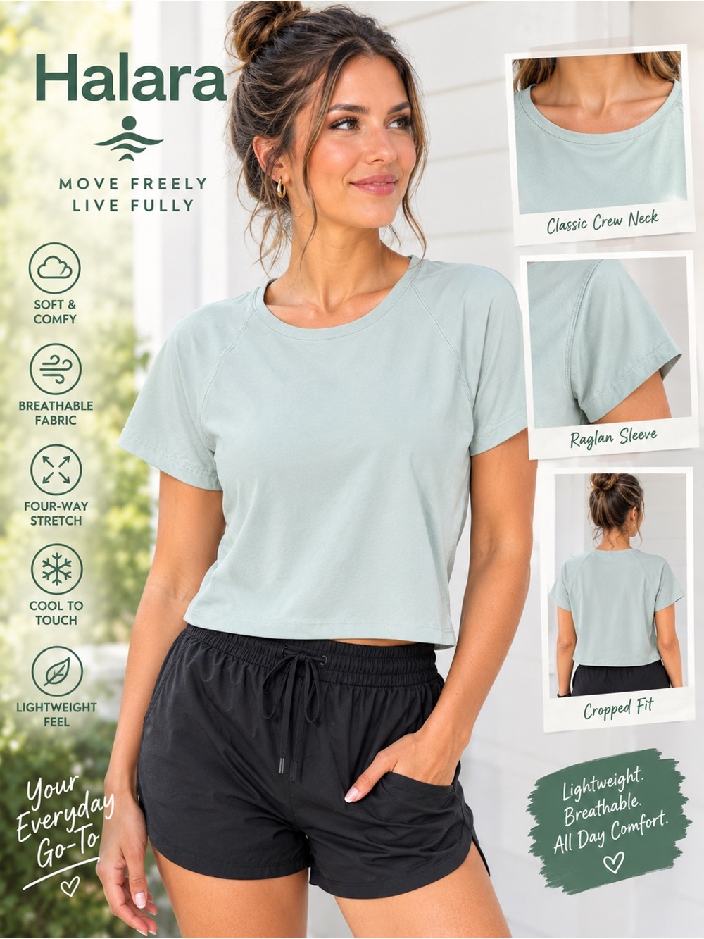 HALARA Short Sleeve Athletic Crop Tee in Mint Green FITS SMALL